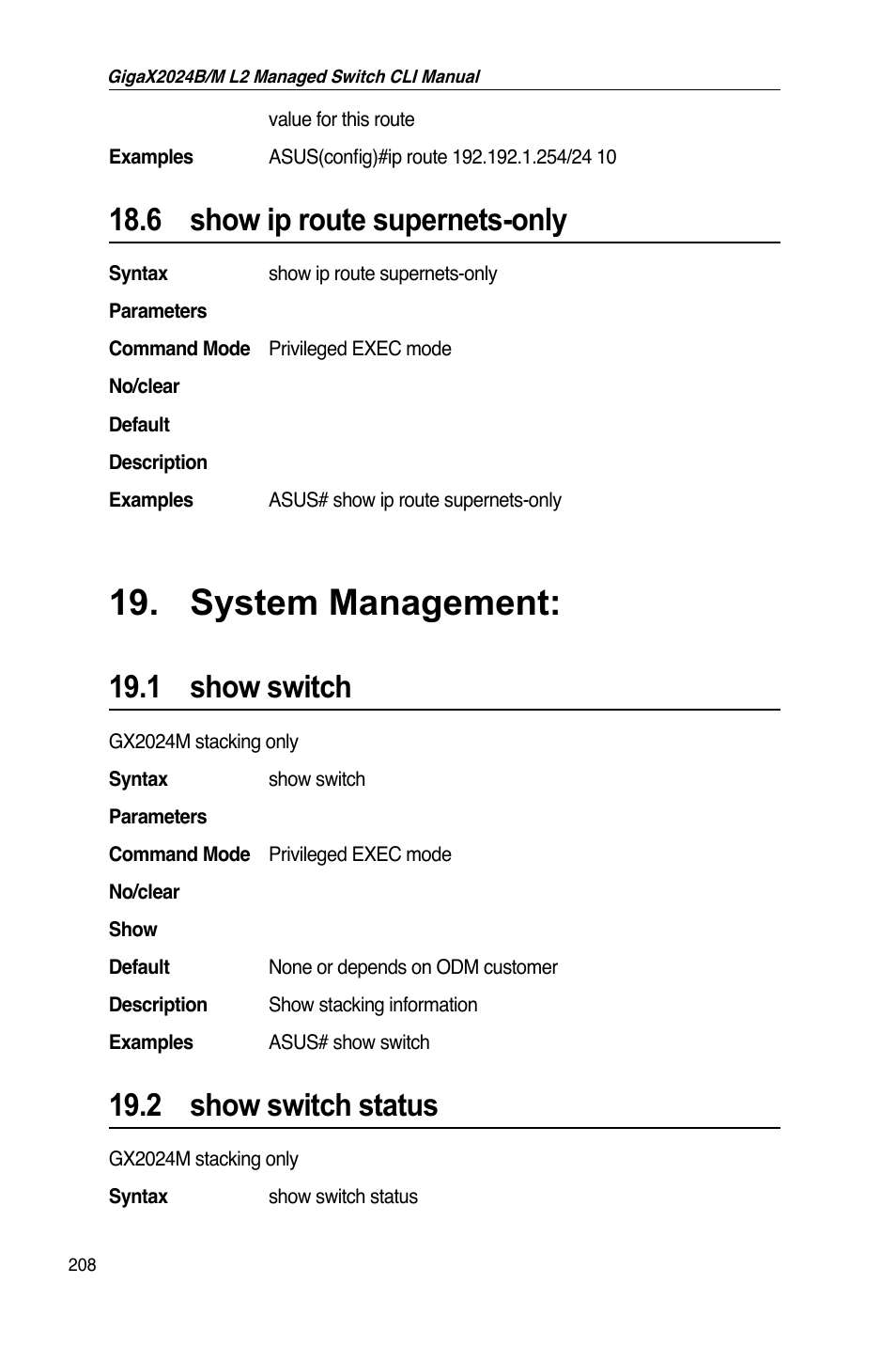 System management, 6 show ip route supernets-only, 1 show switch | 2 show switch status | Asus GigaX2024B User Manual | Page 228 / 245
