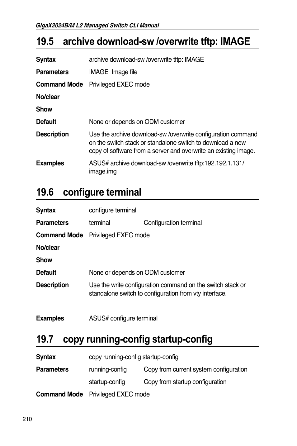 5 archive download-sw /overwrite tftp: image, 6 configure terminal, 7 copy running-config startup-config | Asus GigaX2024B User Manual | Page 230 / 245