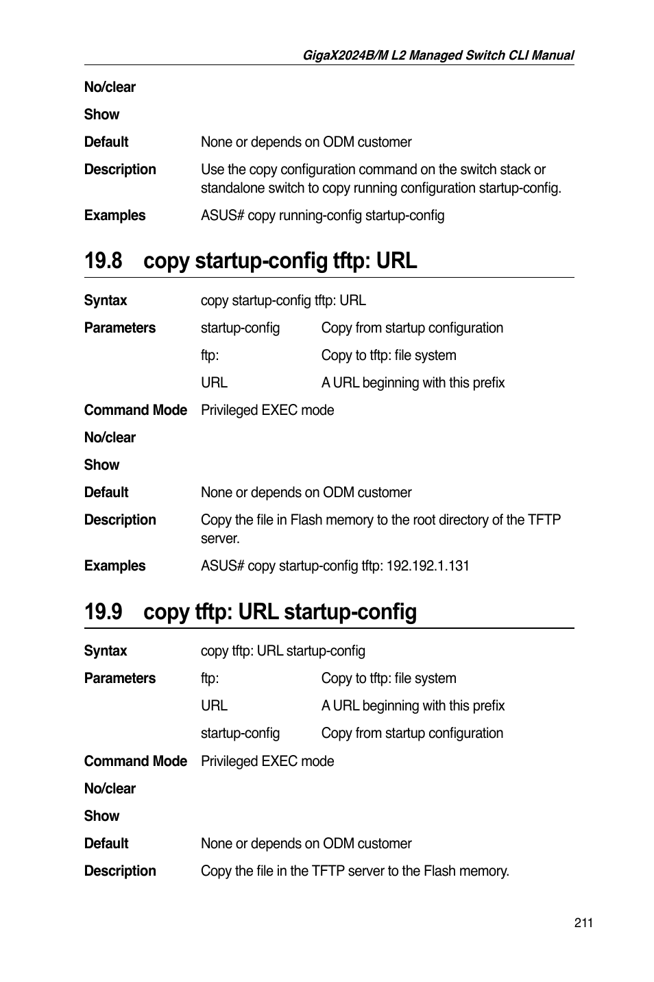 8 copy startup-config tftp: url, 9 copy tftp: url startup-config | Asus GigaX2024B User Manual | Page 231 / 245