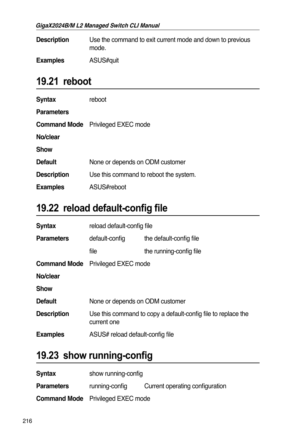 21 reboot, 22 reload default-config file, 23 show running-config | Asus GigaX2024B User Manual | Page 236 / 245