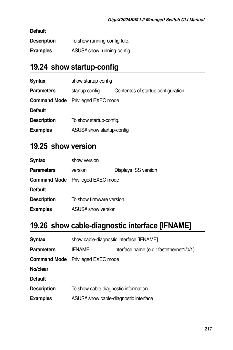 24 show startup-config, 25 show version, 26 show cable-diagnostic interface [ifname | Asus GigaX2024B User Manual | Page 237 / 245