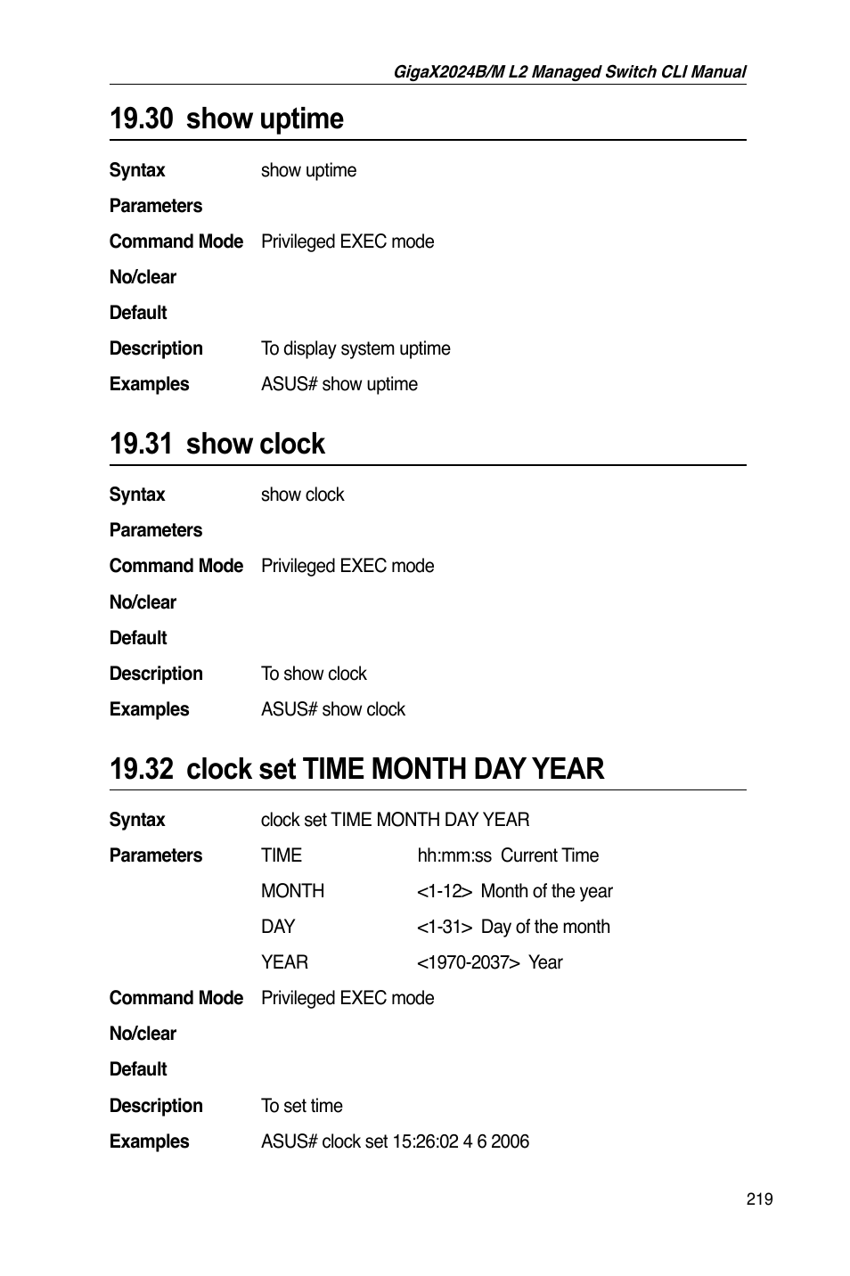 30 show uptime, 31 show clock, 32 clock set time month day year | Asus GigaX2024B User Manual | Page 239 / 245