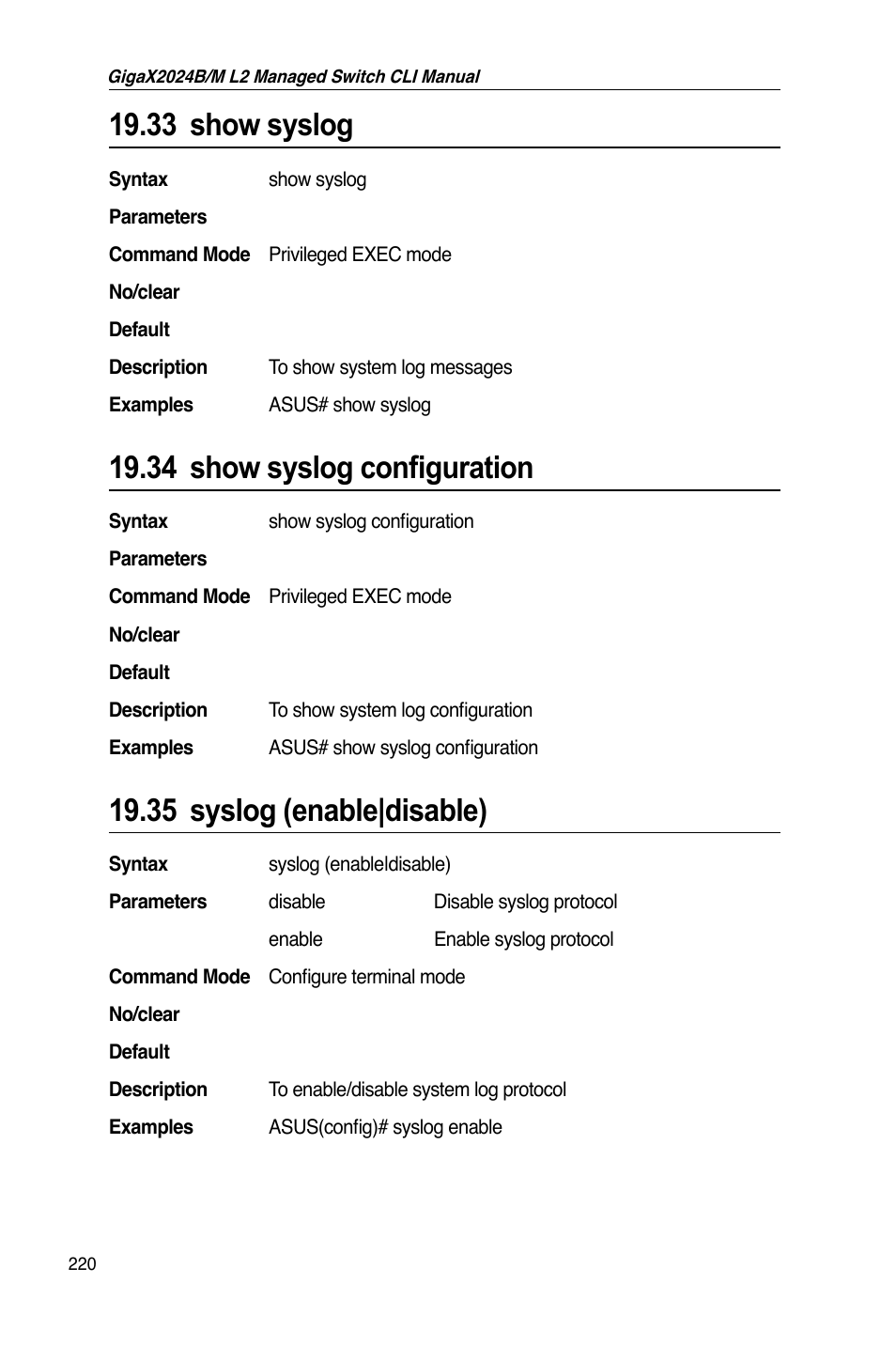 33 show syslog, 34 show syslog configuration, 35 syslog (enable|disable) | Asus GigaX2024B User Manual | Page 240 / 245