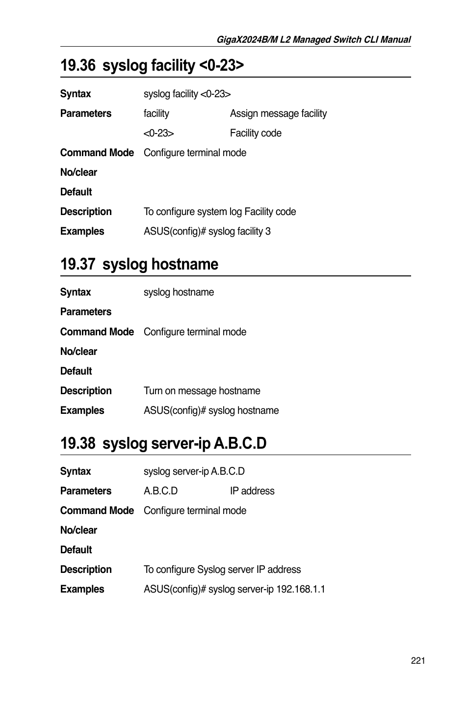 37 syslog hostname, 38 syslog server-ip a.b.c.d | Asus GigaX2024B User Manual | Page 241 / 245