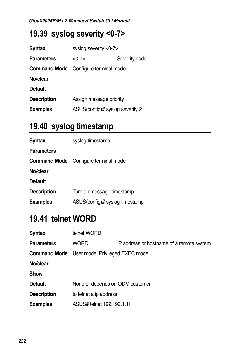 39 syslog severity <0-7, 40 syslog timestamp, 41 telnet word | Asus GigaX2024B User Manual | Page 242 / 245
