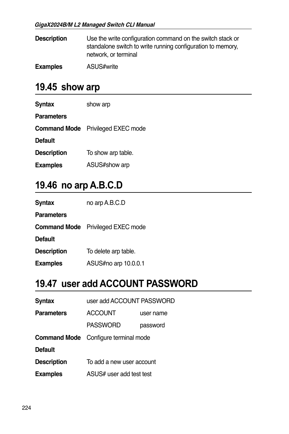 45 show arp, 46 no arp a.b.c.d, 47 user add account password | Asus GigaX2024B User Manual | Page 244 / 245