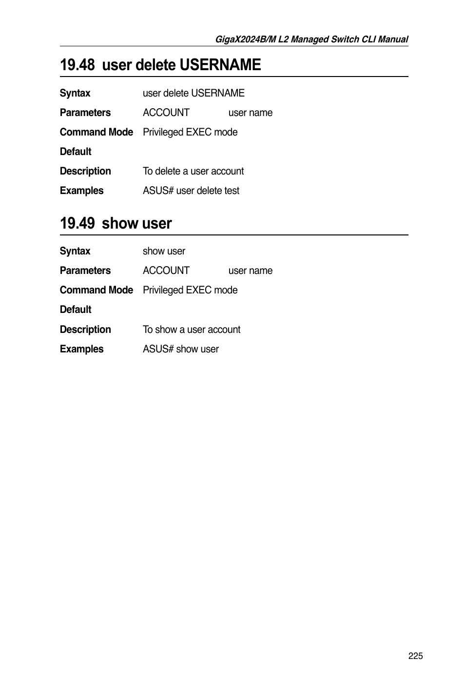 48 user delete username, 49 show user | Asus GigaX2024B User Manual | Page 245 / 245