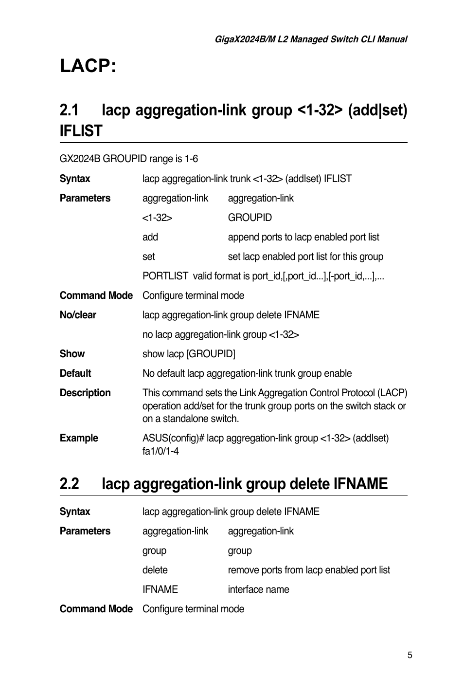 Lacp, 2 lacp aggregation-link group delete ifname | Asus GigaX2024B User Manual | Page 25 / 245