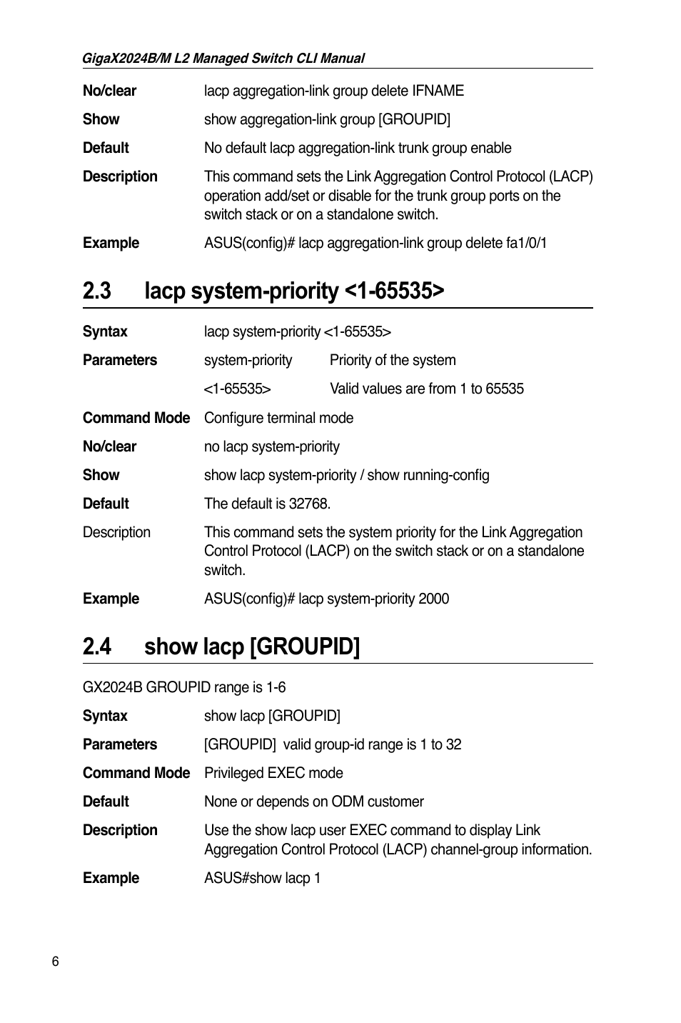 4 show lacp [groupid | Asus GigaX2024B User Manual | Page 26 / 245