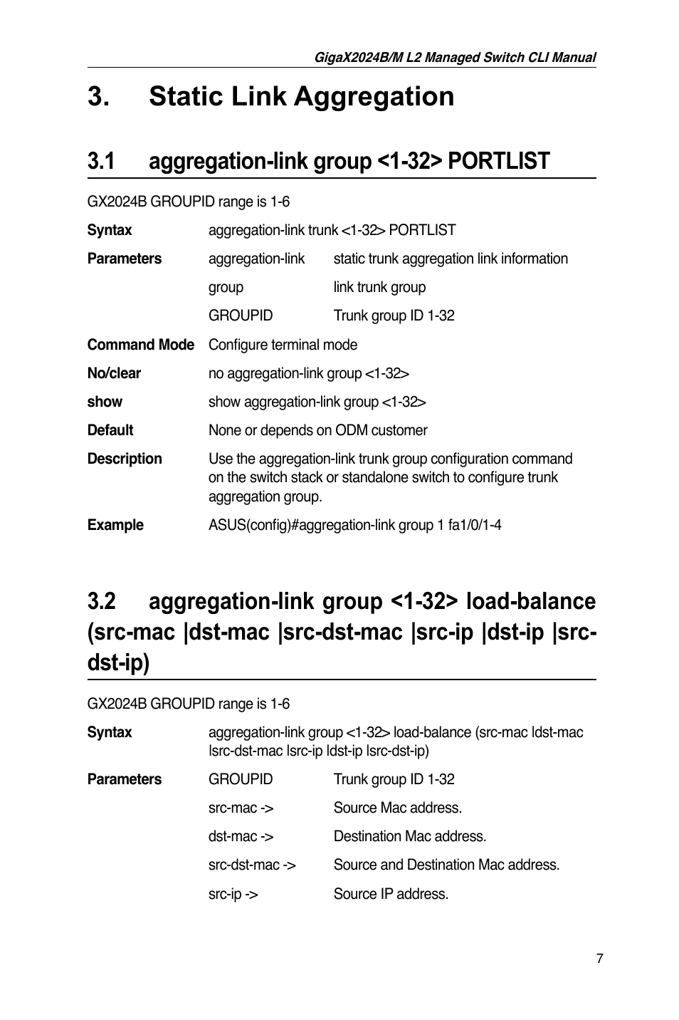 Static link aggregation, 1 aggregation-link group <1-32> portlist | Asus GigaX2024B User Manual | Page 27 / 245