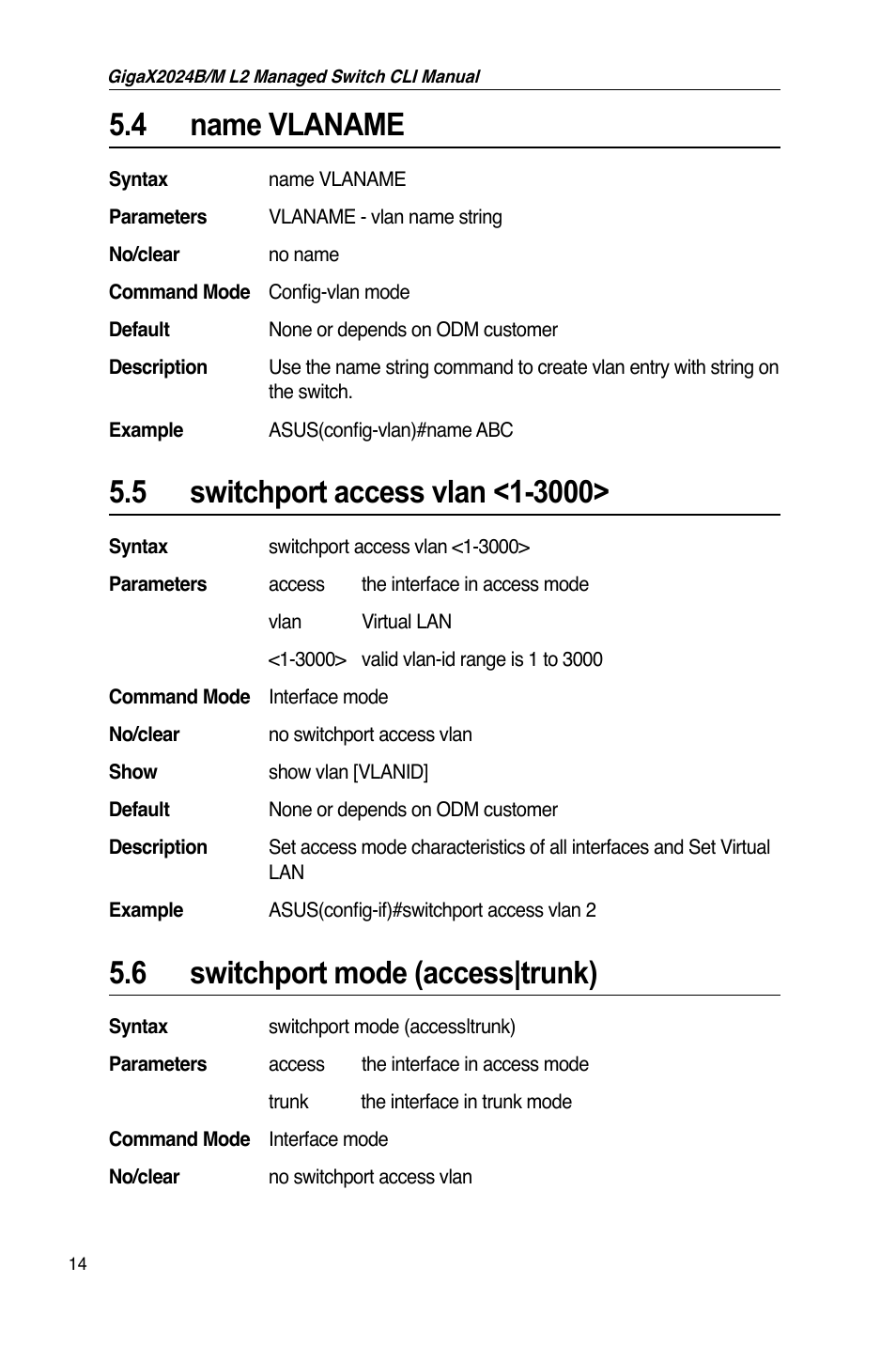 4 name vlaname, 6 switchport mode (access|trunk) | Asus GigaX2024B User Manual | Page 34 / 245