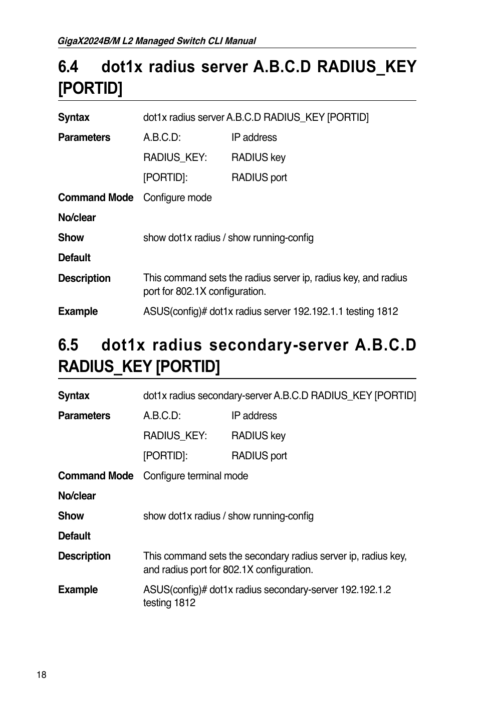 4 dot1x radius server a.b.c.d radius_key [portid | Asus GigaX2024B User Manual | Page 38 / 245
