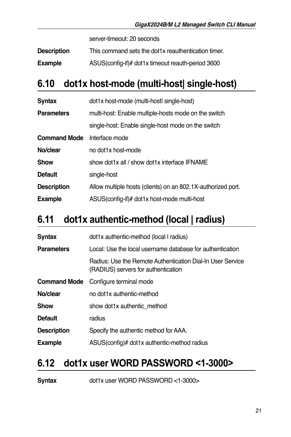 10 dot1x host-mode (multi-host| single-host), 11 dot1x authentic-method (local | radius) | Asus GigaX2024B User Manual | Page 41 / 245