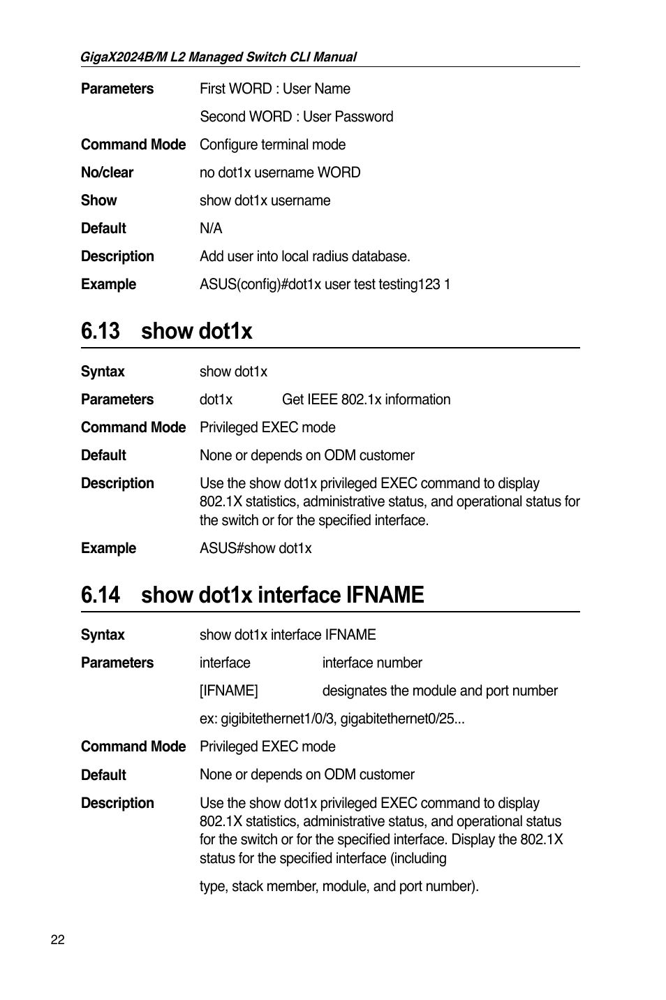 13 show dot1x, 14 show dot1x interface ifname | Asus GigaX2024B User Manual | Page 42 / 245