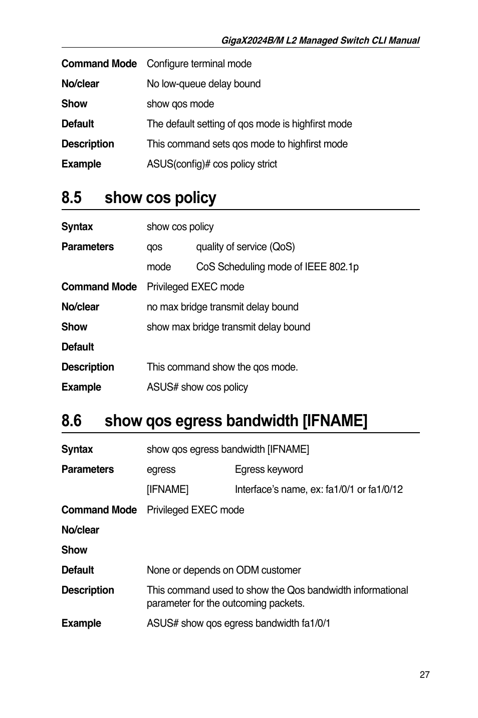 5 show cos policy, 6 show qos egress bandwidth [ifname | Asus GigaX2024B User Manual | Page 47 / 245