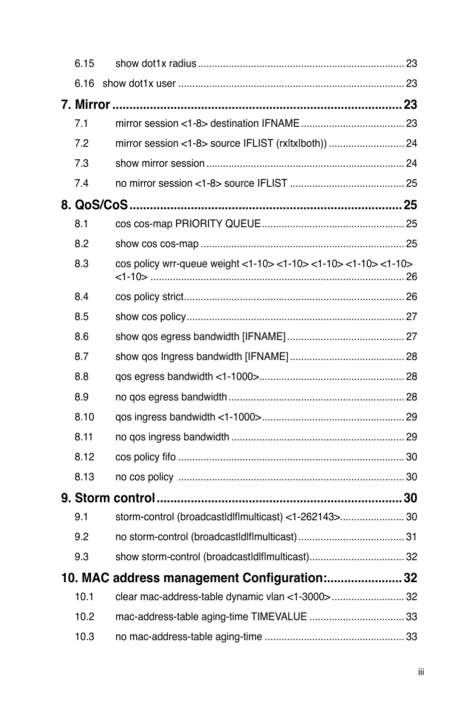 Mirror, Qos/cos, Storm control | Mac address management configuration | Asus GigaX2024B User Manual | Page 5 / 245