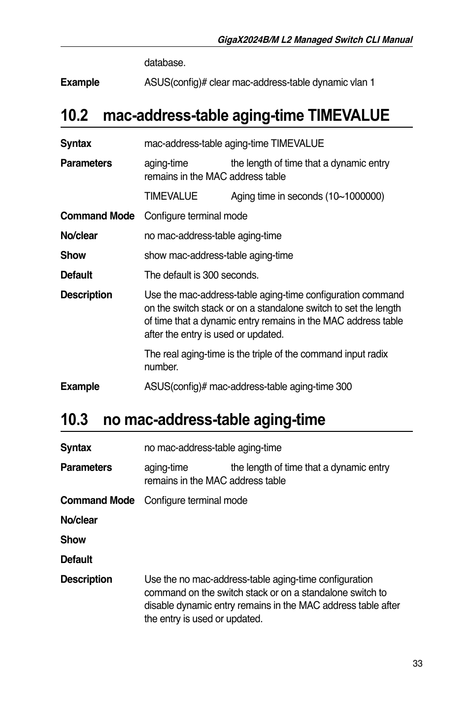 2 mac-address-table aging-time timevalue, 3 no mac-address-table aging-time | Asus GigaX2024B User Manual | Page 53 / 245