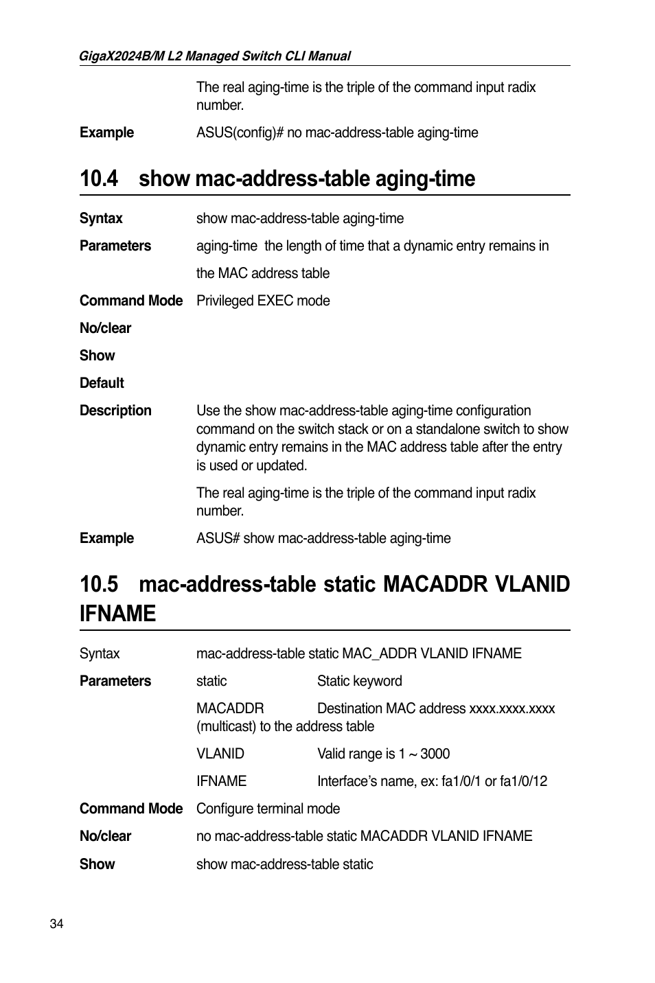 4 show mac-address-table aging-time, 5 mac-address-table static macaddr vlanid ifname | Asus GigaX2024B User Manual | Page 54 / 245