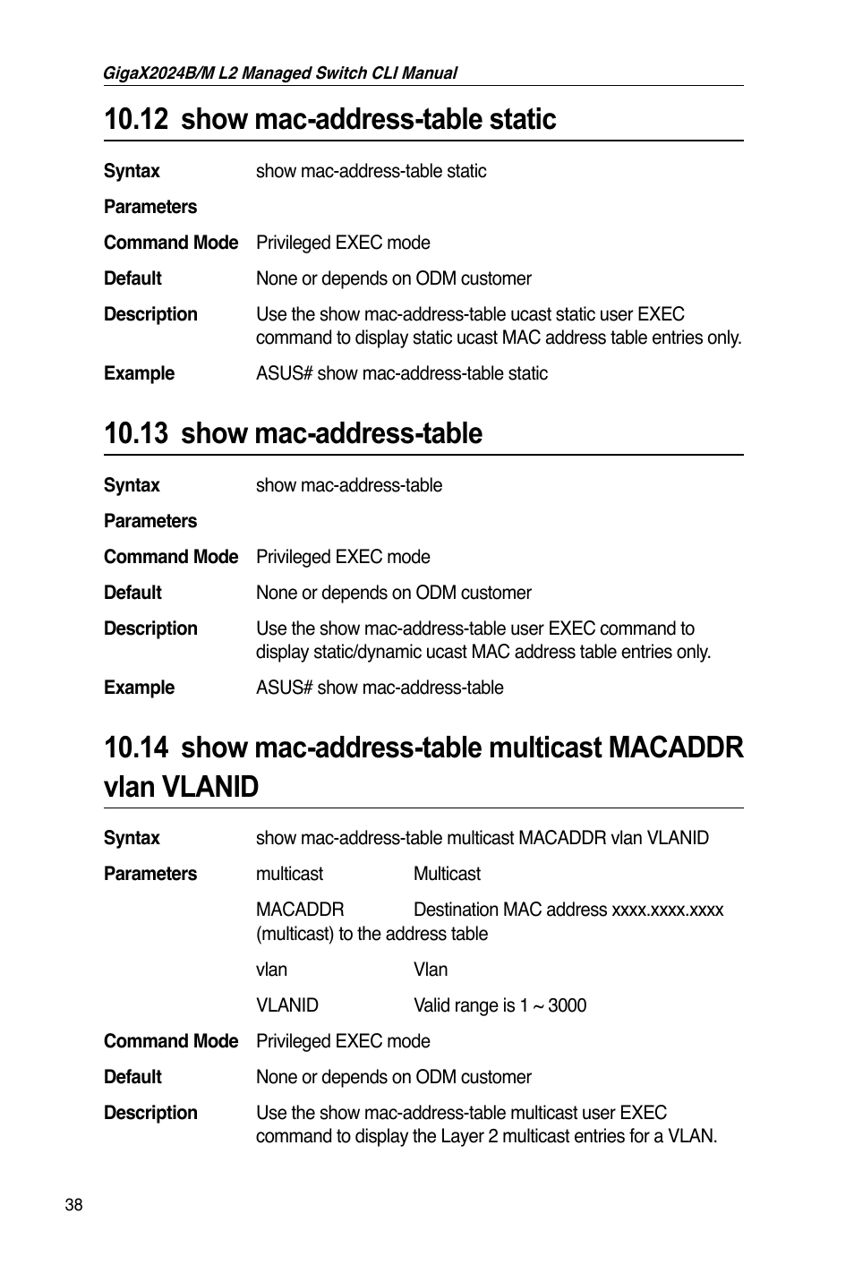 12 show mac-address-table static, 13 show mac-address-table | Asus GigaX2024B User Manual | Page 58 / 245