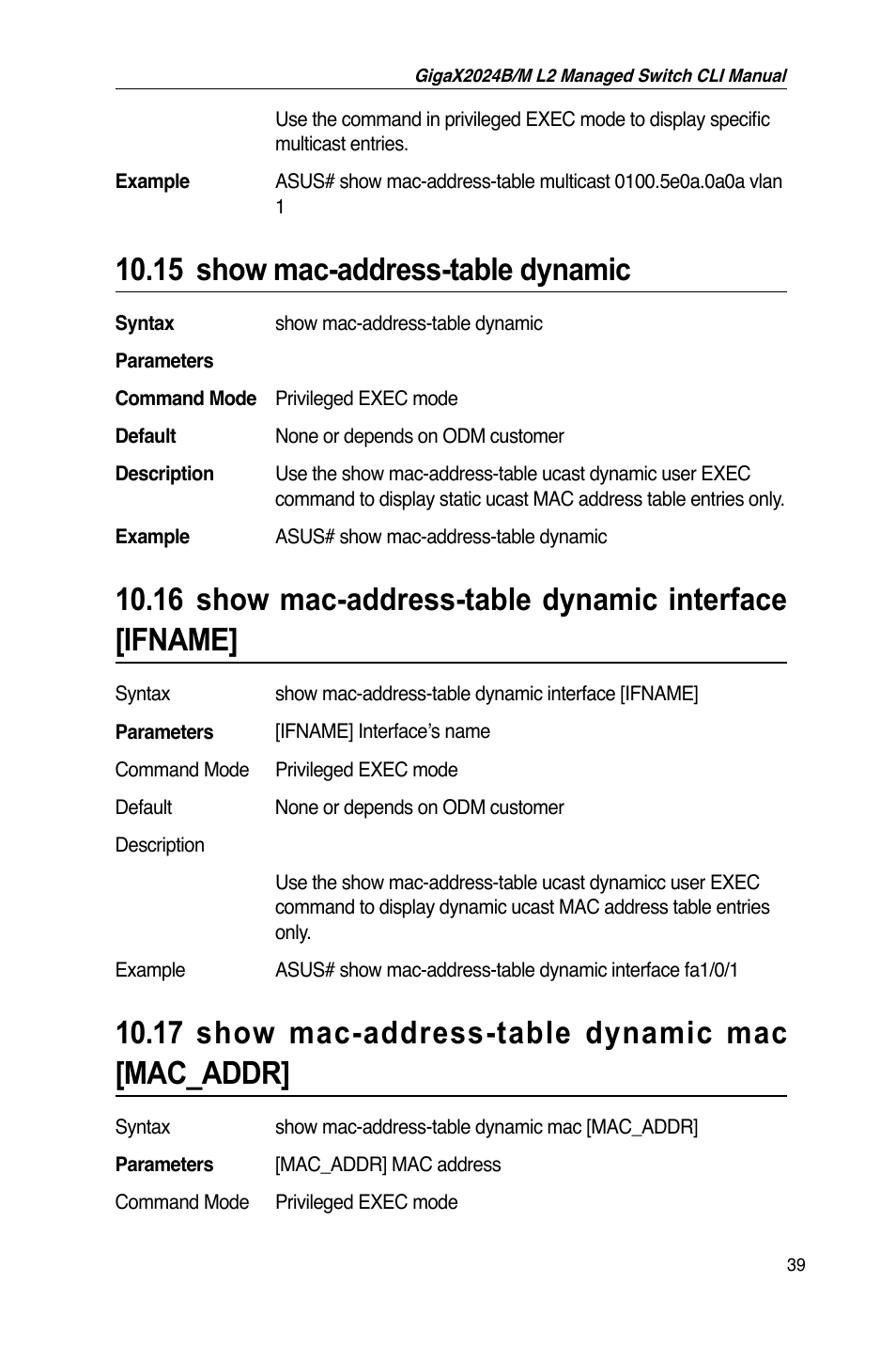 15 show mac-address-table dynamic, 17 show mac-address-table dynamic mac [mac_addr | Asus GigaX2024B User Manual | Page 59 / 245