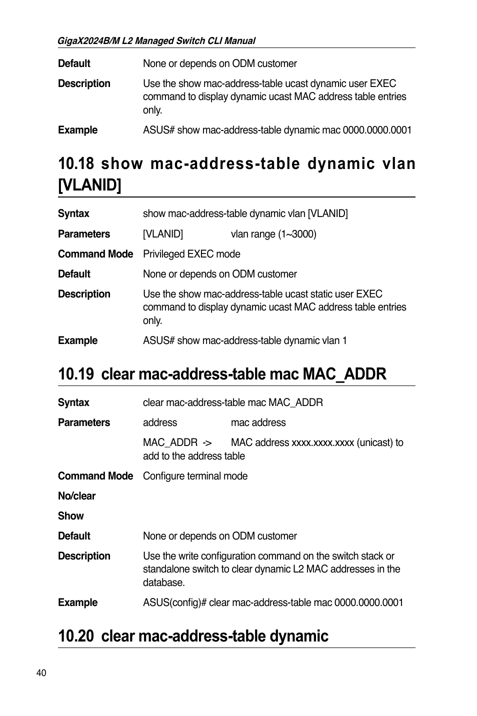18 show mac-address-table dynamic vlan [vlanid, 19 clear mac-address-table mac mac_addr, 20 clear mac-address-table dynamic | Asus GigaX2024B User Manual | Page 60 / 245