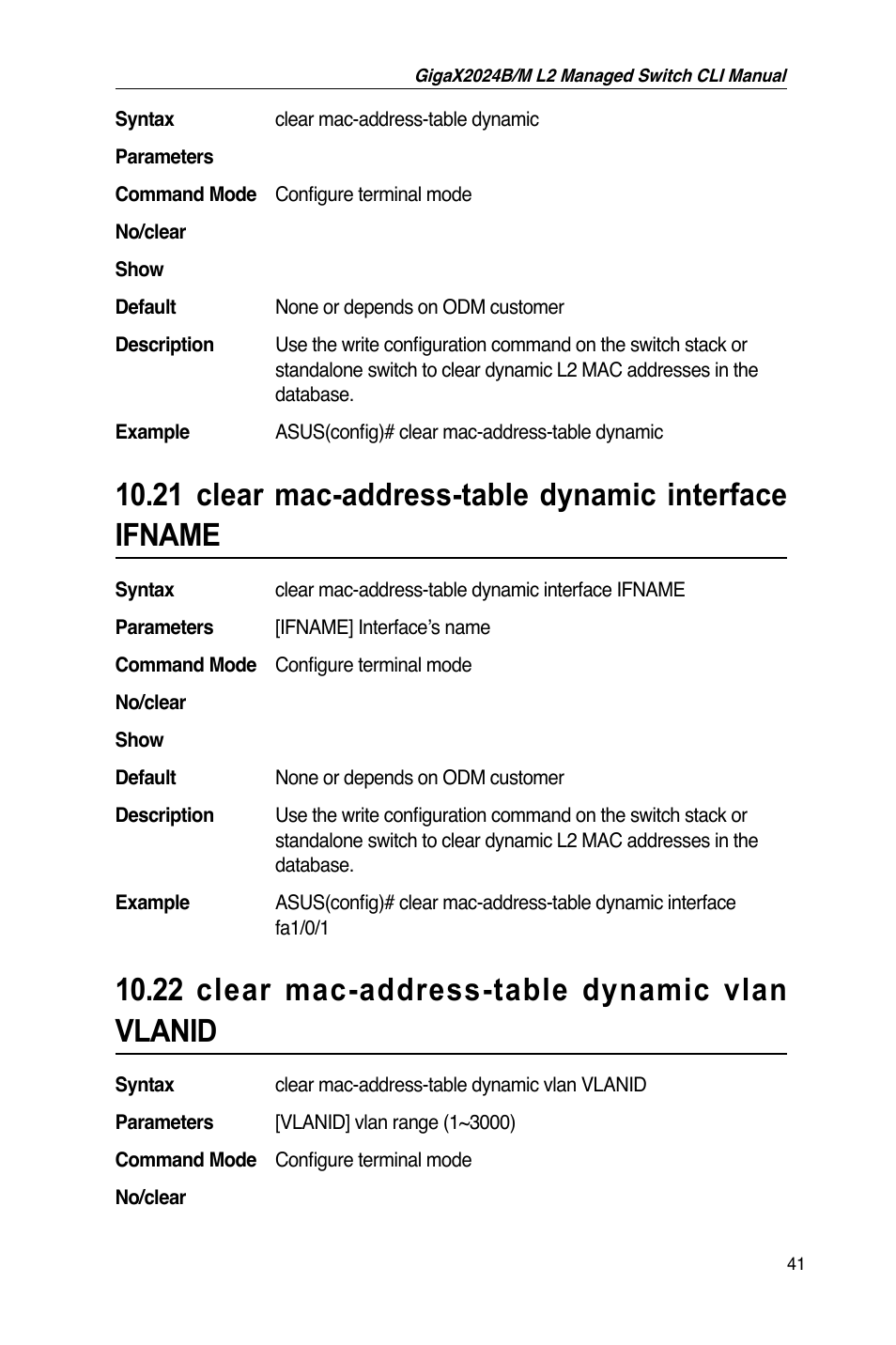 22 clear mac-address-table dynamic vlan vlanid | Asus GigaX2024B User Manual | Page 61 / 245