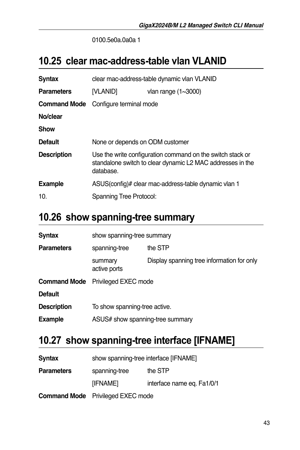 25 clear mac-address-table vlan vlanid, 26 show spanning-tree summary, 27 show spanning-tree interface [ifname | Asus GigaX2024B User Manual | Page 63 / 245