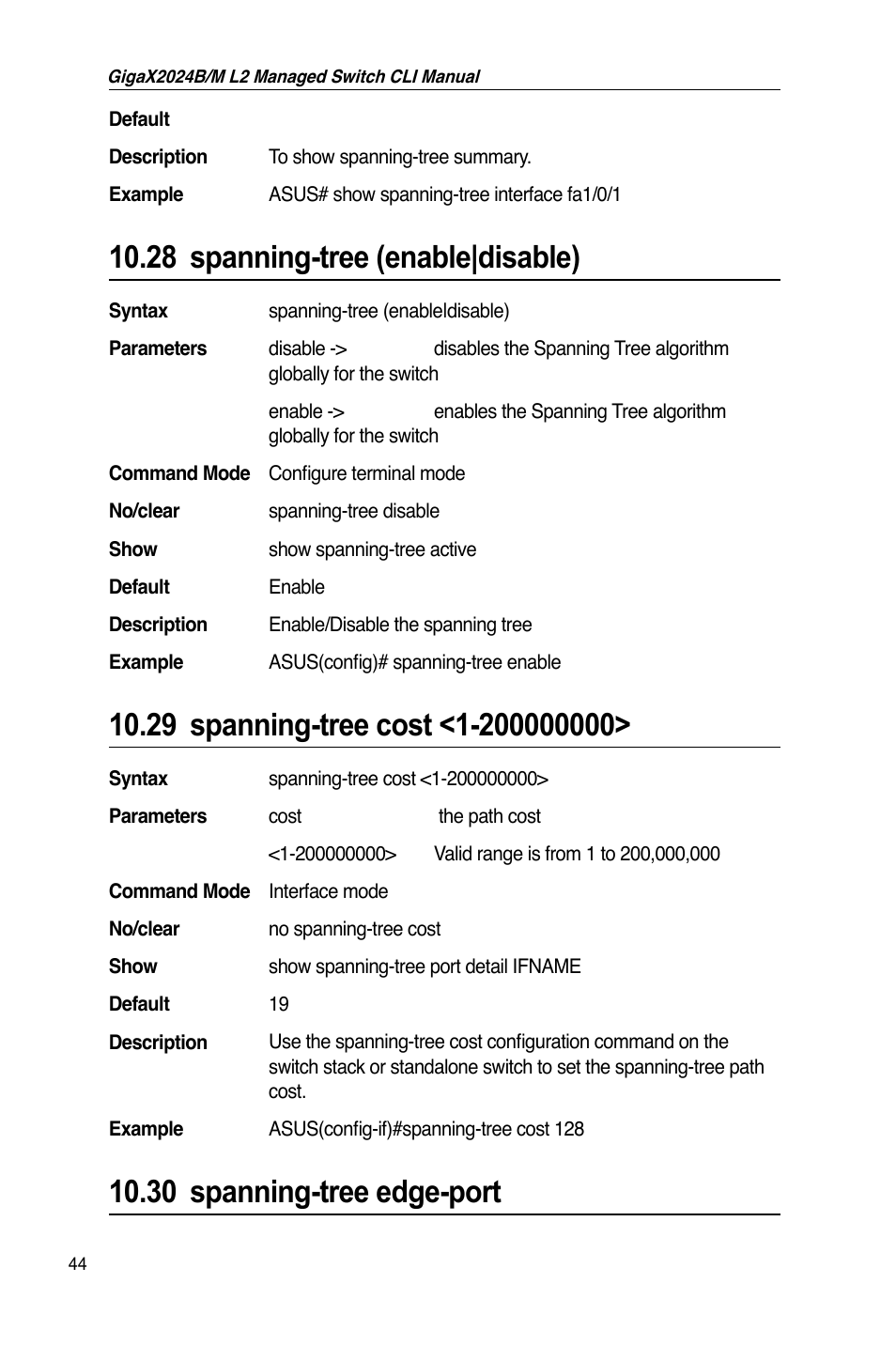 28 spanning-tree (enable|disable), 30 spanning-tree edge-port | Asus GigaX2024B User Manual | Page 64 / 245