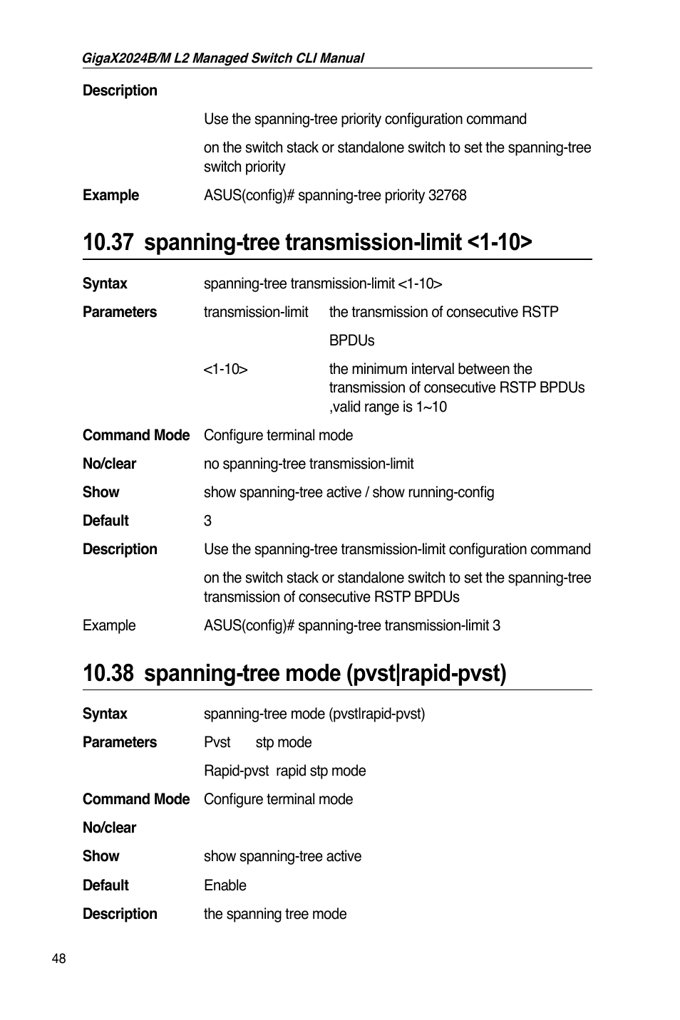 38 spanning-tree mode (pvst|rapid-pvst) | Asus GigaX2024B User Manual | Page 68 / 245