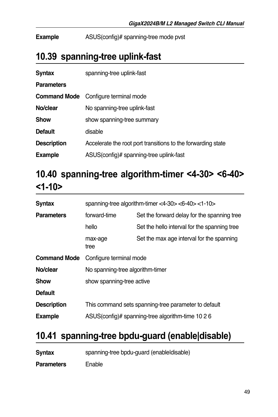 39 spanning-tree uplink-fast, 41 spanning-tree bpdu-guard (enable|disable) | Asus GigaX2024B User Manual | Page 69 / 245