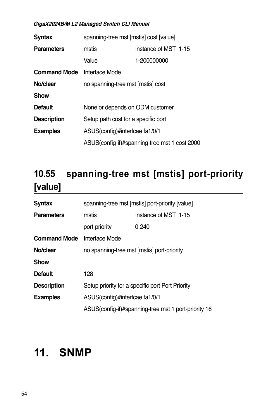 Snmp, 55 spanning-tree mst [mstis] port-priority [value | Asus GigaX2024B User Manual | Page 74 / 245