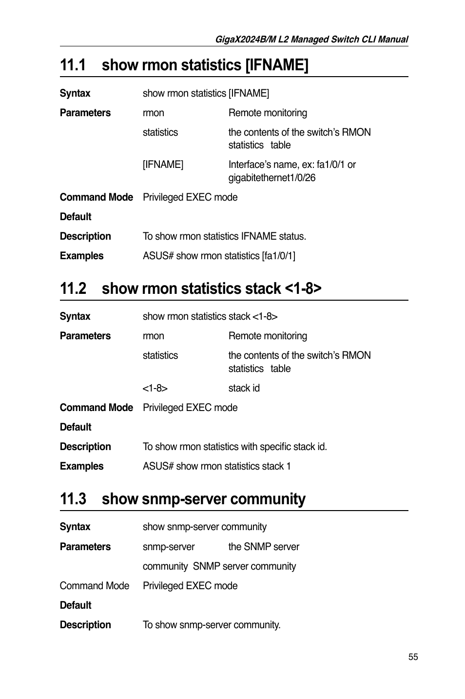 1 show rmon statistics [ifname, 2 show rmon statistics stack <1-8, 3 show snmp-server community | Asus GigaX2024B User Manual | Page 75 / 245