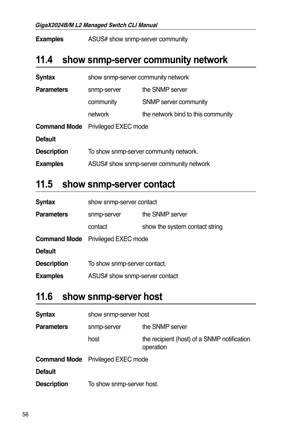 4 show snmp-server community network, 5 show snmp-server contact, 6 show snmp-server host | Asus GigaX2024B User Manual | Page 76 / 245