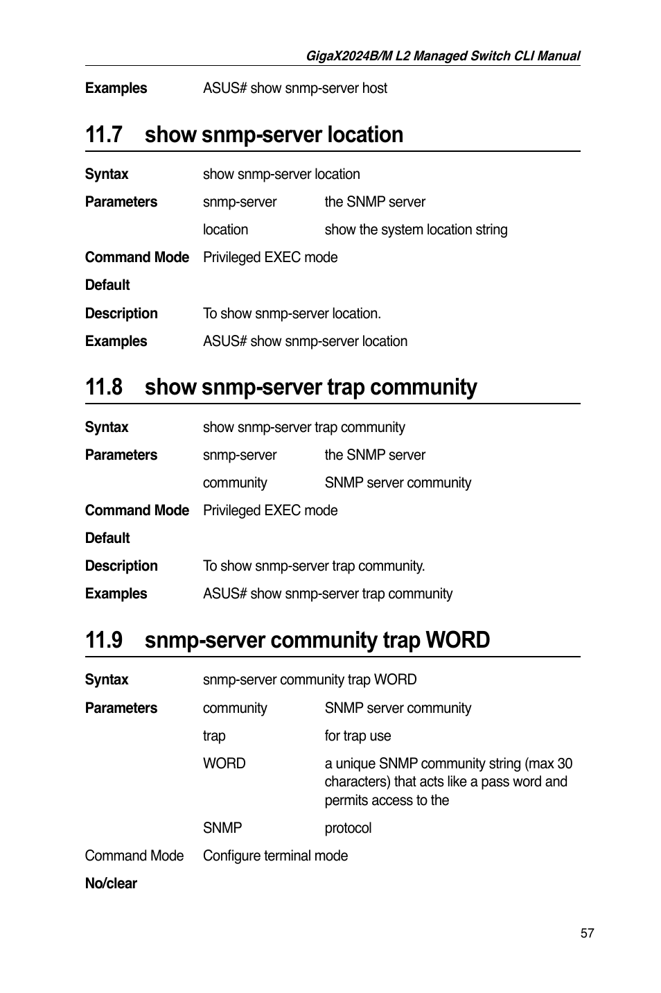 7 show snmp-server location, 8 show snmp-server trap community, 9 snmp-server community trap word | Asus GigaX2024B User Manual | Page 77 / 245