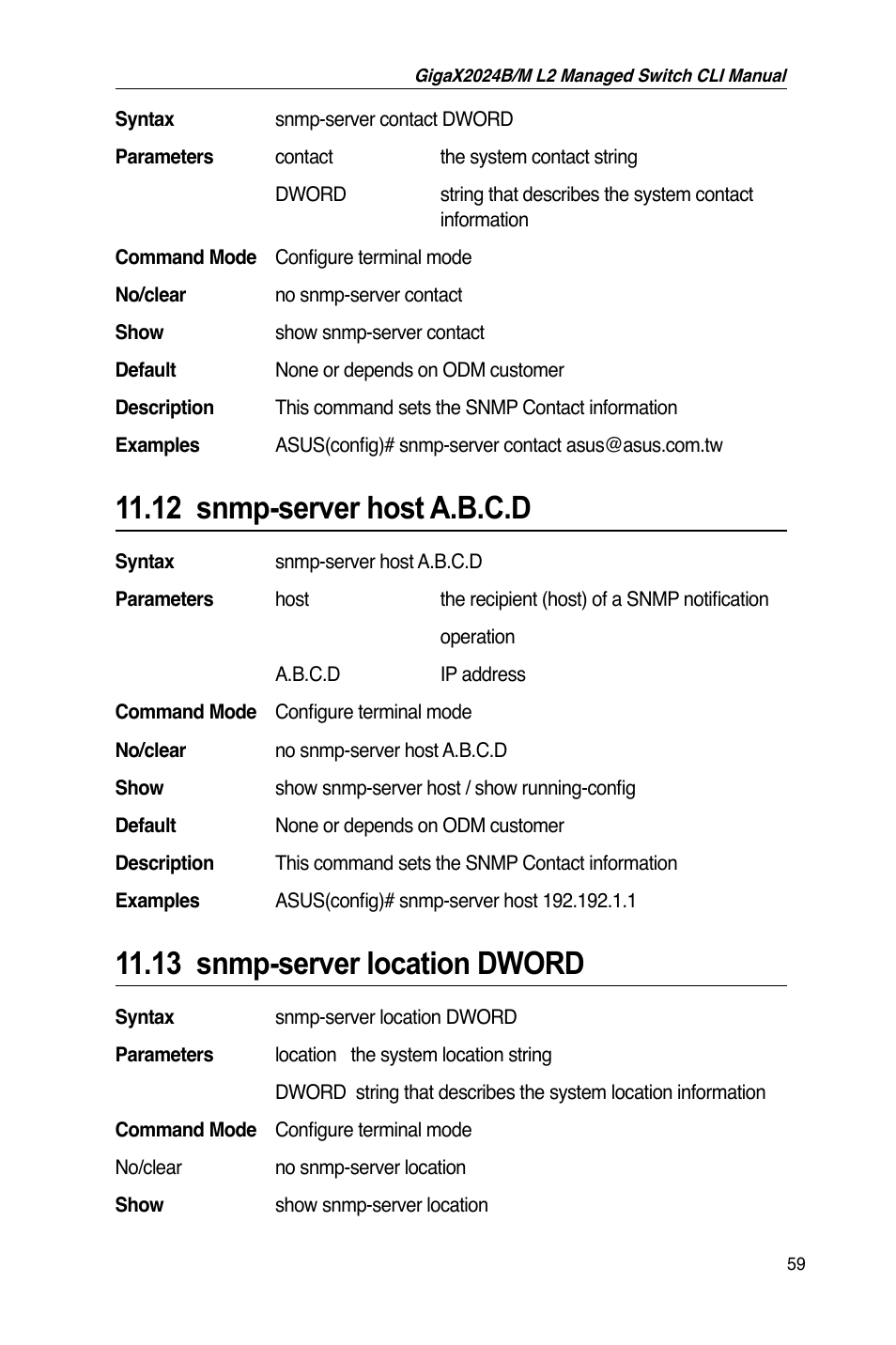 12 snmp-server host a.b.c.d, 13 snmp-server location dword | Asus GigaX2024B User Manual | Page 79 / 245