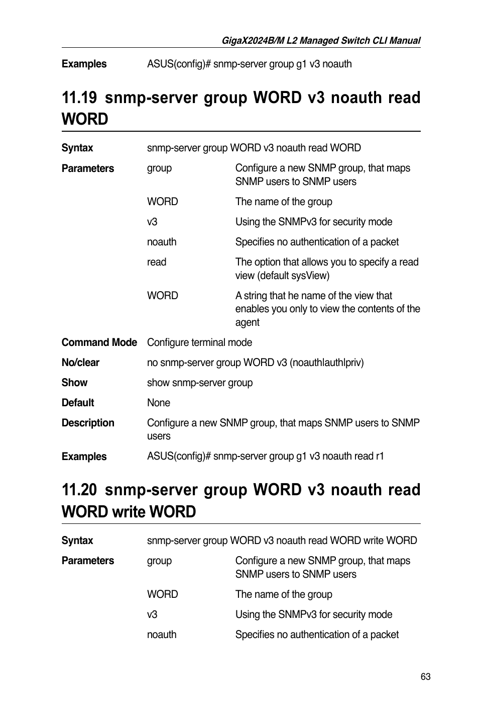 19 snmp-server group word v3 noauth read word | Asus GigaX2024B User Manual | Page 83 / 245