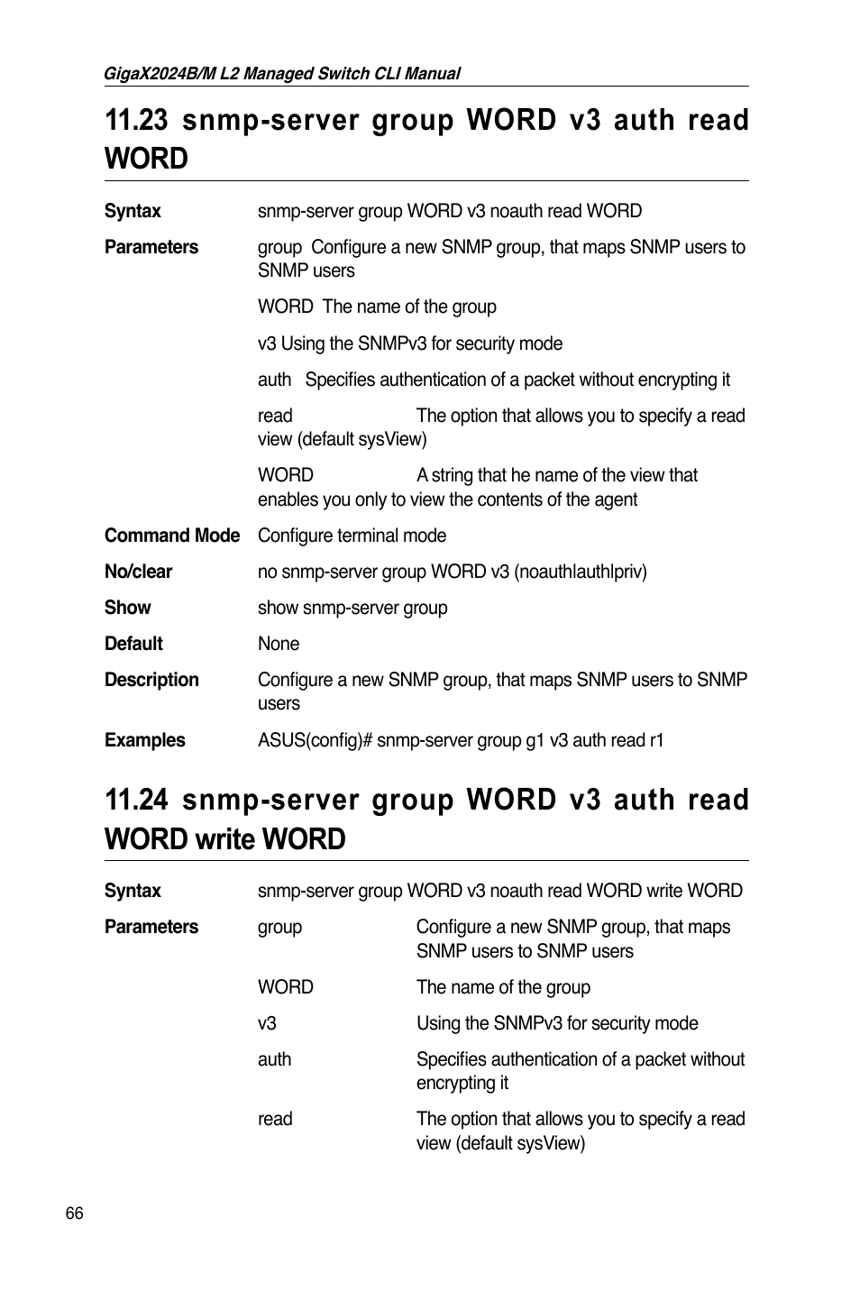 23 snmp-server group word v3 auth read word | Asus GigaX2024B User Manual | Page 86 / 245