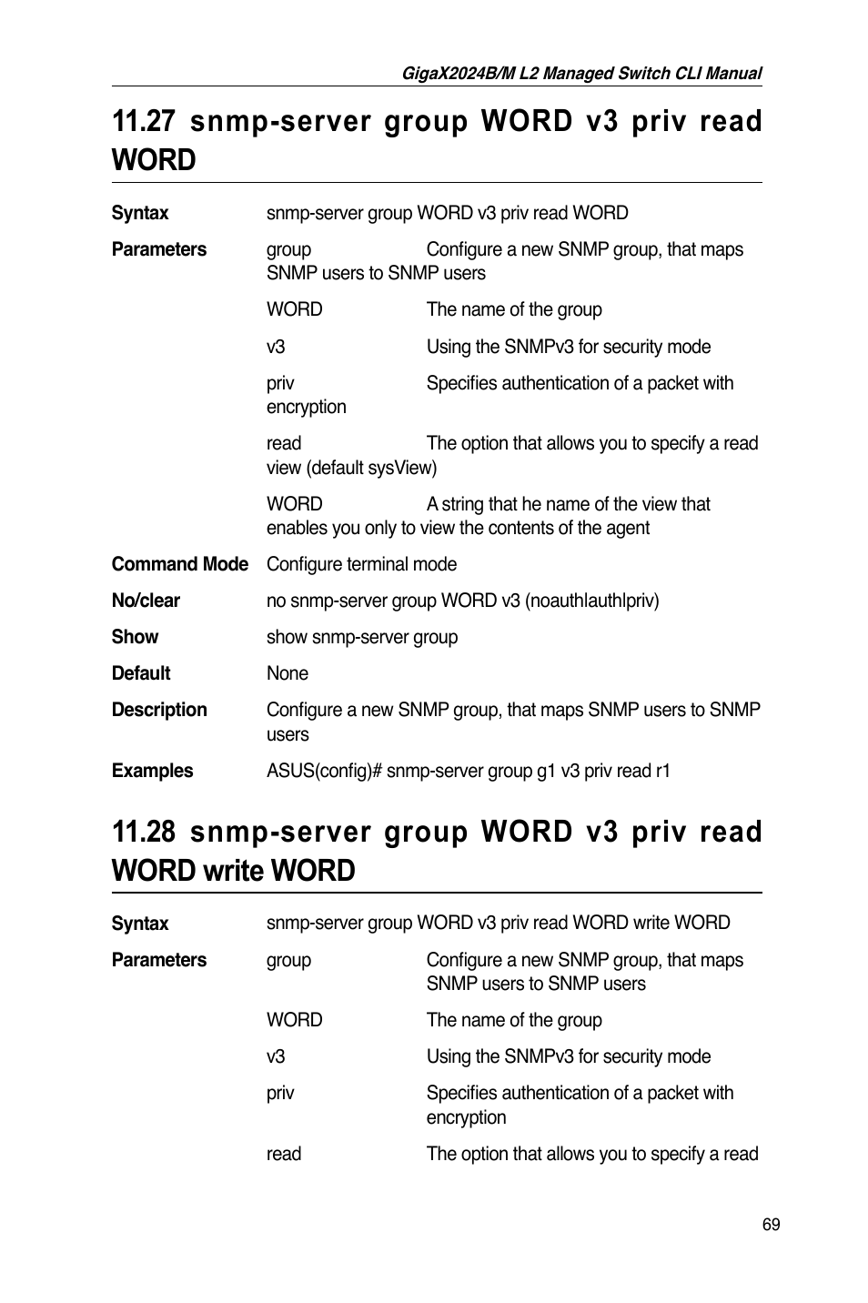 27 snmp-server group word v3 priv read word | Asus GigaX2024B User Manual | Page 89 / 245