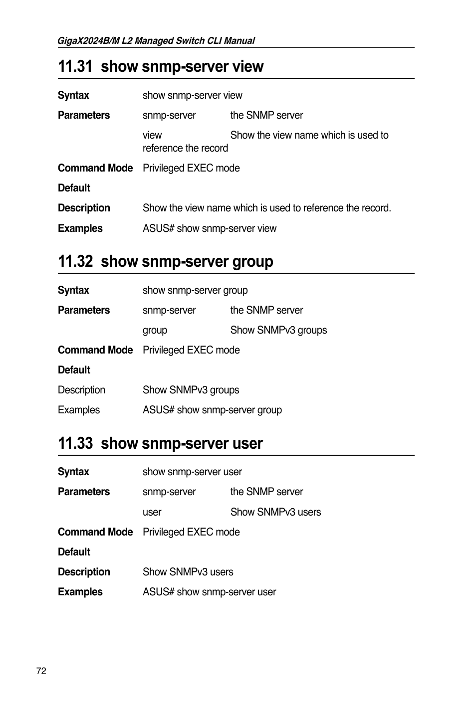 31 show snmp-server view, 32 show snmp-server group, 33 show snmp-server user | Asus GigaX2024B User Manual | Page 92 / 245