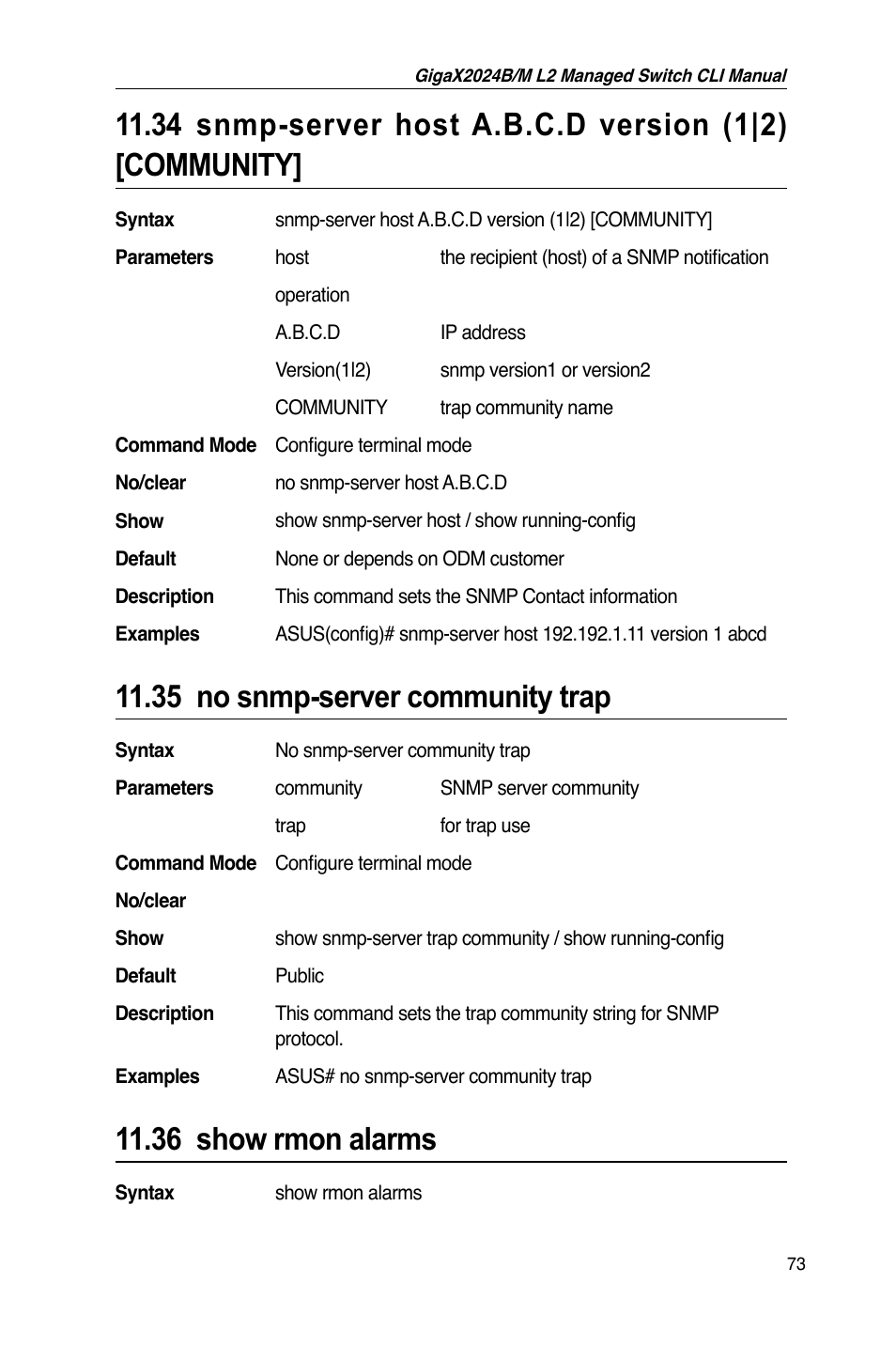 35 no snmp-server community trap, 36 show rmon alarms | Asus GigaX2024B User Manual | Page 93 / 245