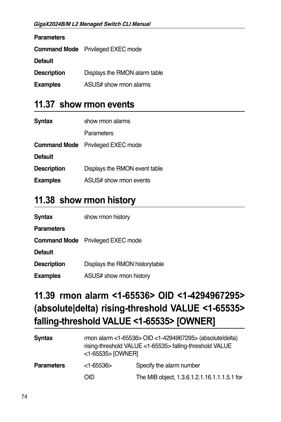 37 show rmon events, 38 show rmon history | Asus GigaX2024B User Manual | Page 94 / 245