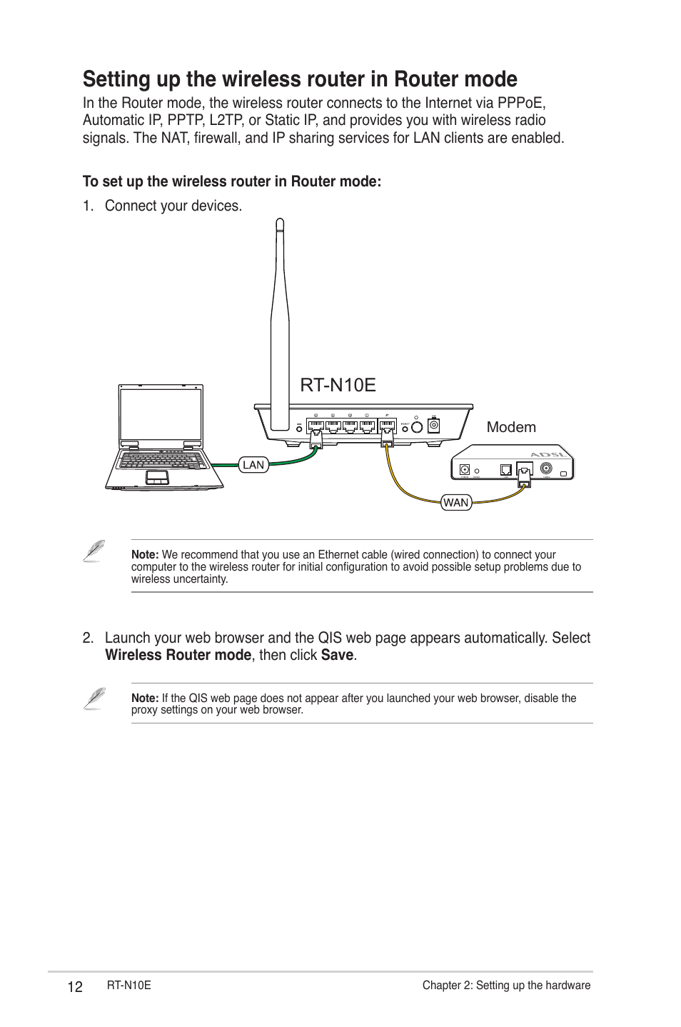 Setting up the wireless router in router mode, Rt-n10e | Asus RT-N10E (VER.B1) User Manual | Page 12 / 52