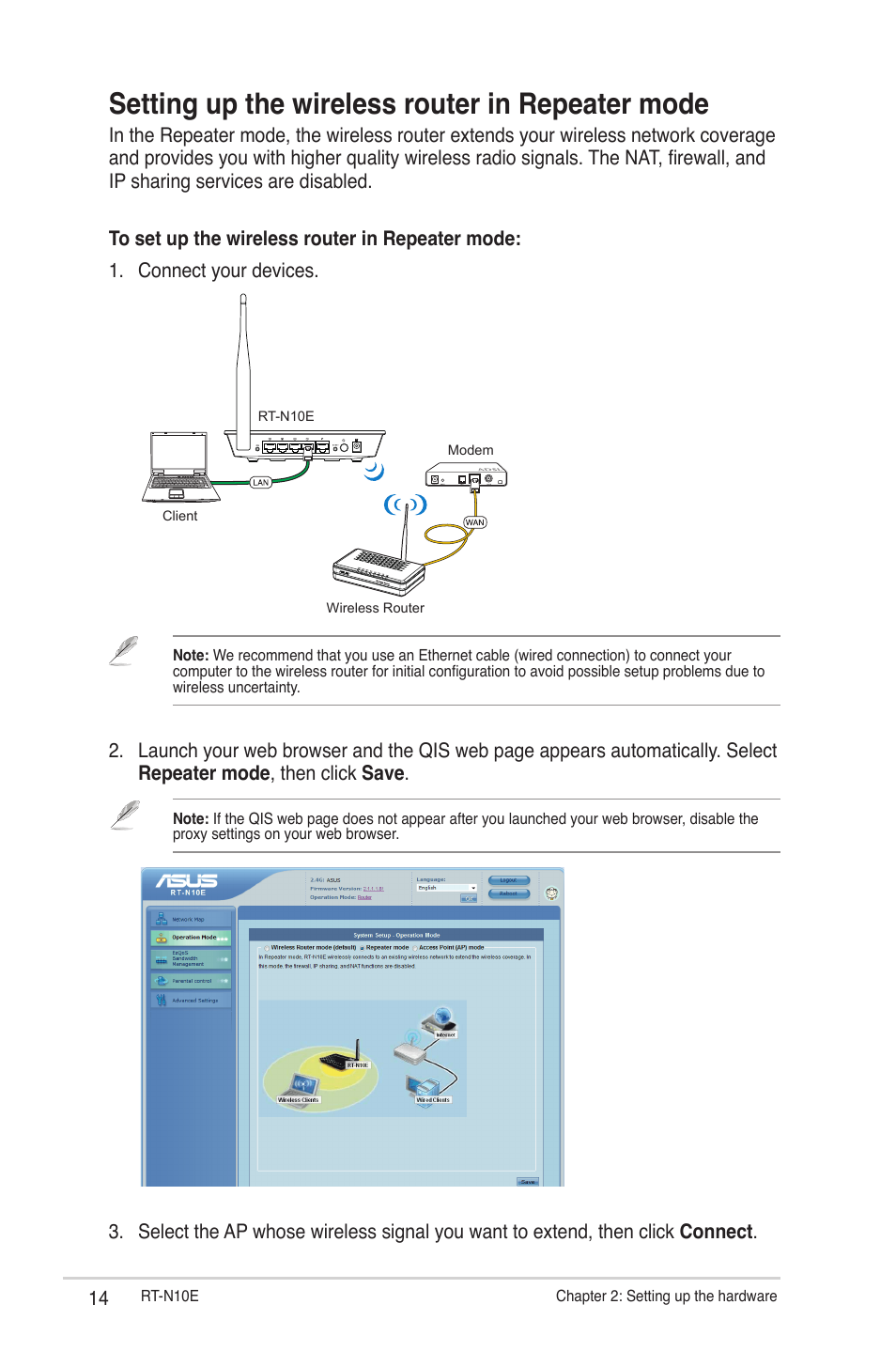 Setting up the wireless router in repeater mode | Asus RT-N10E (VER.B1) User Manual | Page 14 / 52