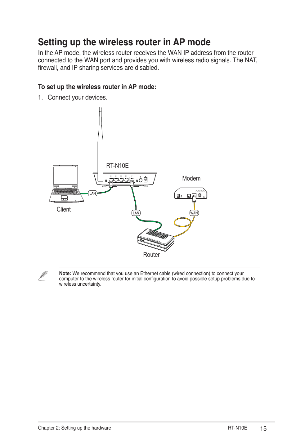 Setting up the wireless router in ap mode | Asus RT-N10E (VER.B1) User Manual | Page 15 / 52