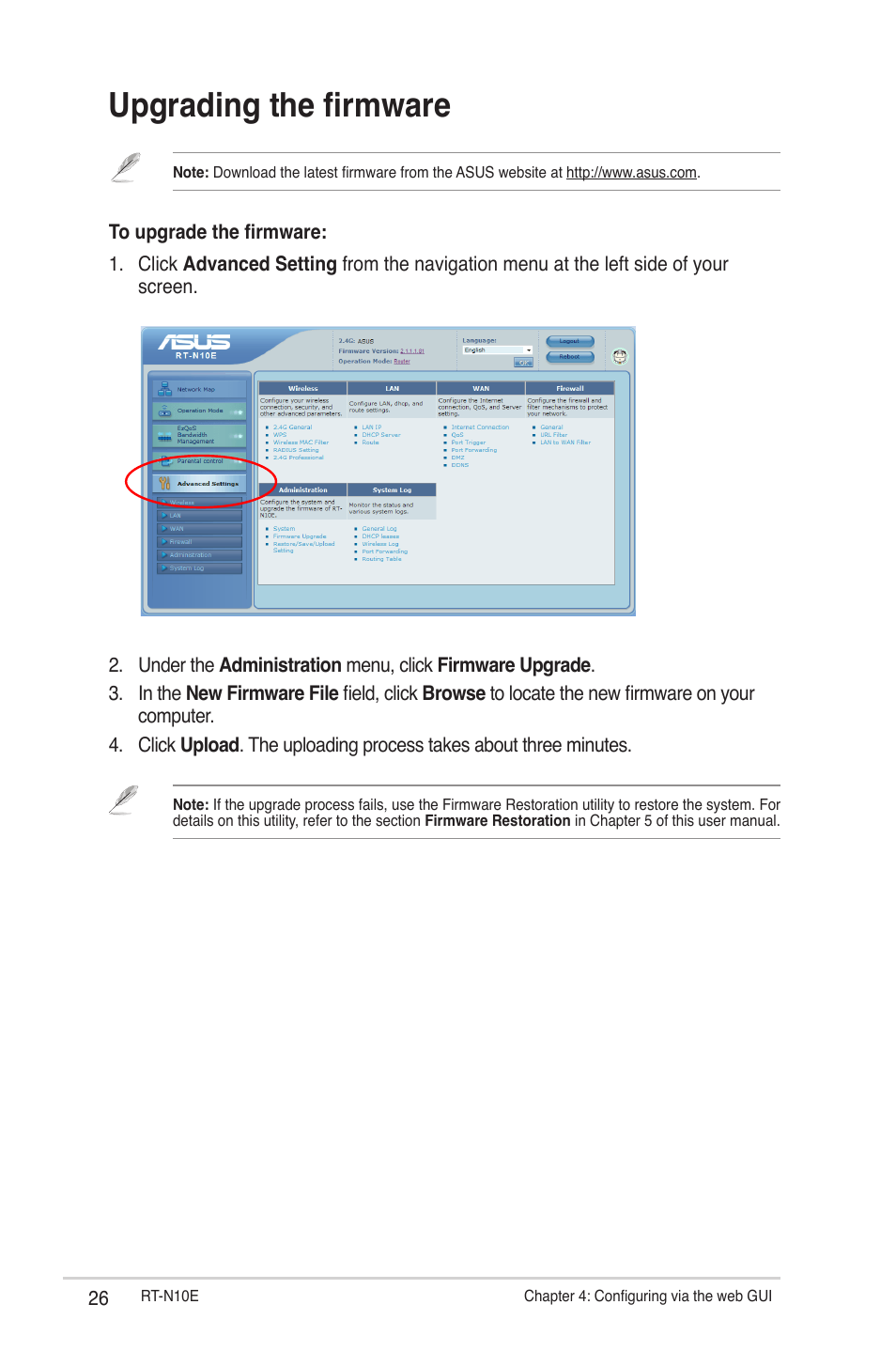 Upgrading the firmware | Asus RT-N10E (VER.B1) User Manual | Page 26 / 52