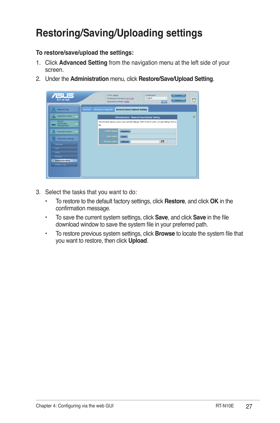 Restoring/saving/uploading settings | Asus RT-N10E (VER.B1) User Manual | Page 27 / 52