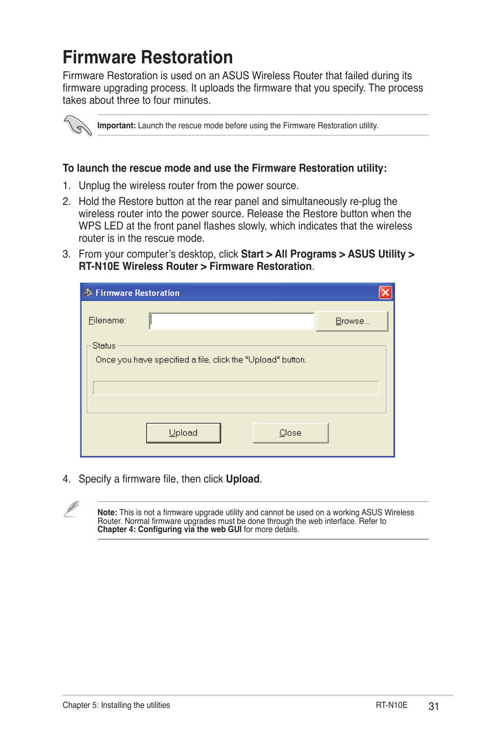 Firmware restoration | Asus RT-N10E (VER.B1) User Manual | Page 31 / 52