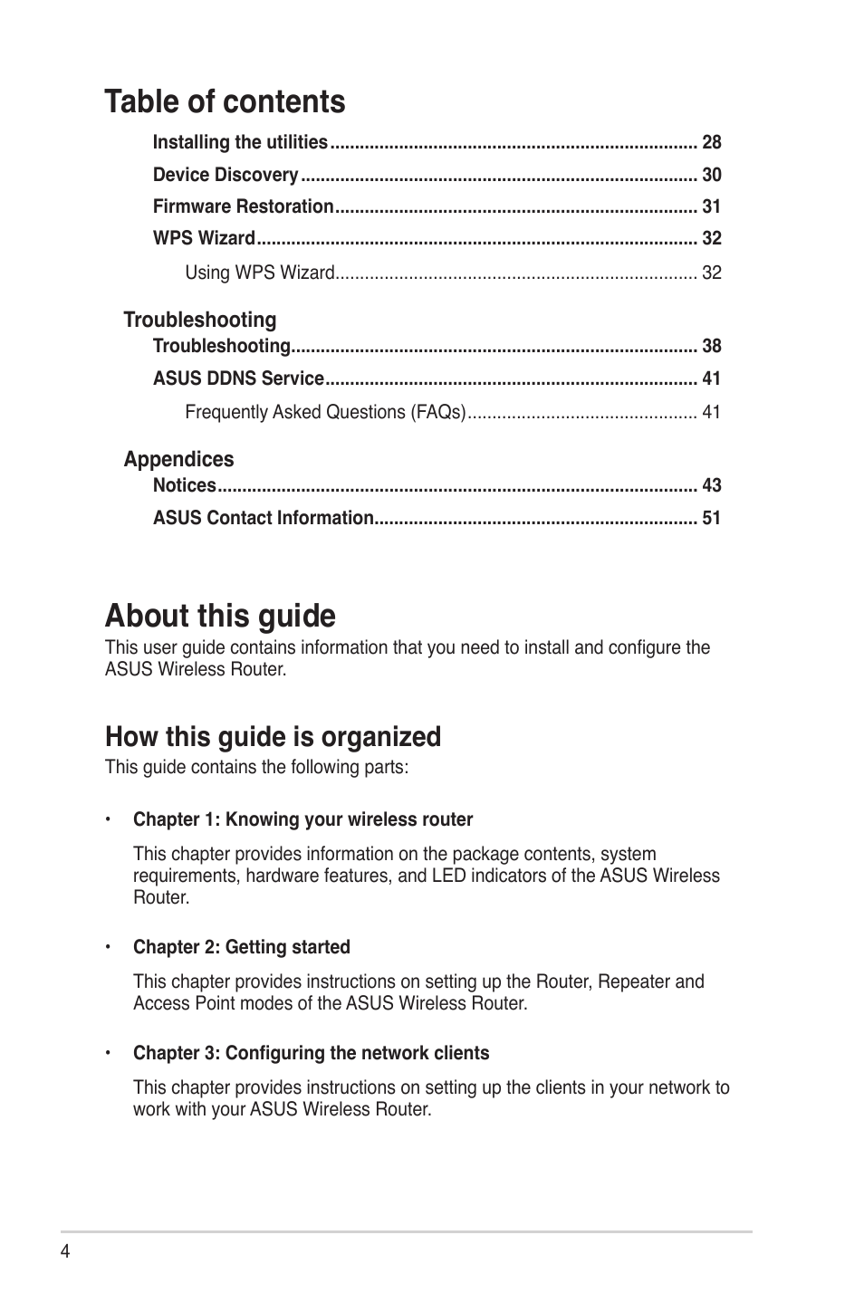 About this guide, How this guide is organized, Table of contents about this guide | Asus RT-N10E (VER.B1) User Manual | Page 4 / 52