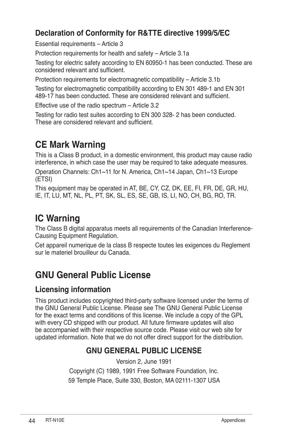 Ce mark warning, Ic warning, Gnu general public license | Licensing information | Asus RT-N10E (VER.B1) User Manual | Page 44 / 52