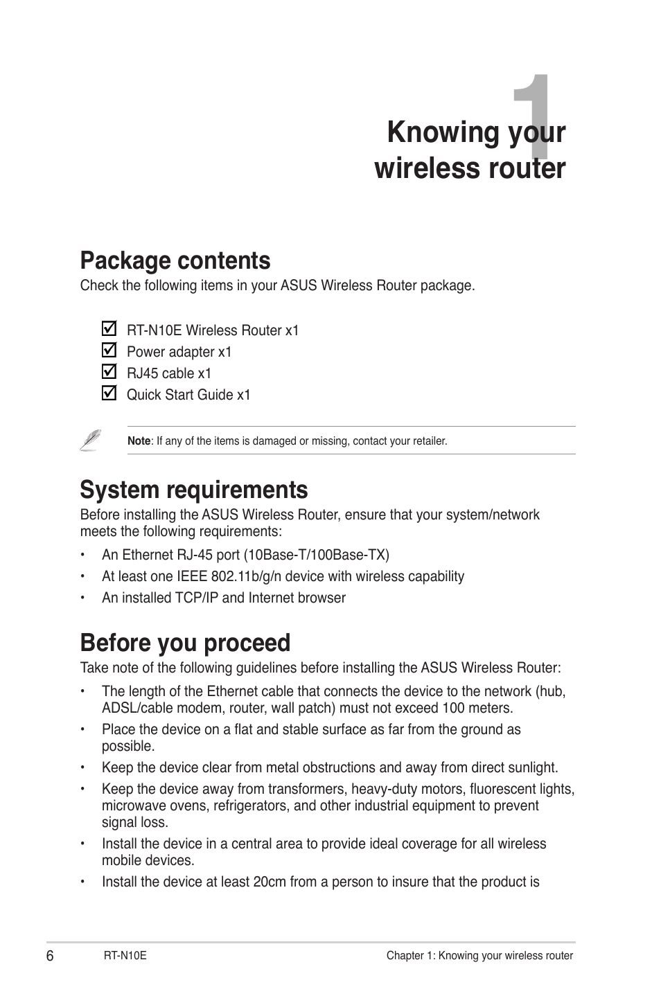 Knowing your wireless router, Package contents, System requirements | Before you proceed | Asus RT-N10E (VER.B1) User Manual | Page 6 / 52